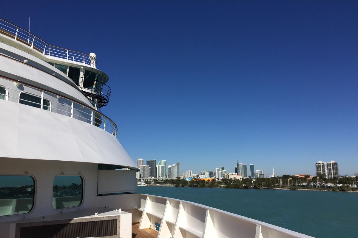 A view from the deck of the Seabourn Sojourn cruise ship in the port of Miami. For cruisers flying to their departure port, it’s a good idea to arrive the day before. (Beth J. Harpaz / Associated Press)