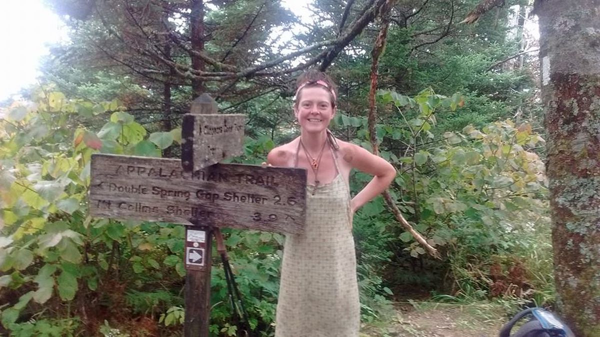 Heather Anderson, trail name Anish, poses on the Appalachian Trail en route to setting an unsupported backpacking speed record for the Maine-to-Georgia route on Sept. 24, 2015. (Courtesy)