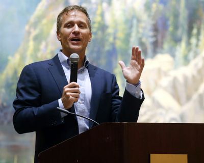 Former Missouri Gov. Eric Greitens and 2022 U.S. Senate candidate speaks at the Taney County Lincoln Day event April 17, 2021, at the Chateau on the Lake in Branson, Mo. Greitens is banking on Republican voters forgiving his past indiscretions when they choose a U.S. Senate nominee next August.  (Nathan Papes)