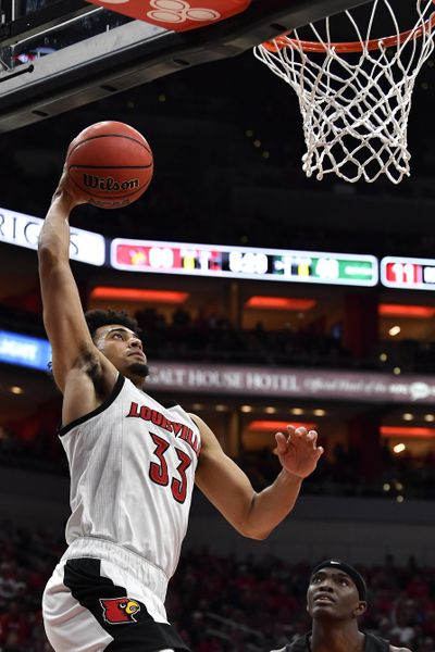 Louisville forward Jordan Nwora (33) goes up for a layup during the second half of an NCAA college basketball game against South carolina Upstate in Louisville, Ky., Wednesday, Nov. 20, 2019. Louisville won 76-50. (Timothy D. Easley / Associated Press)