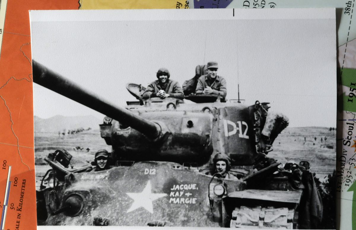 Art Anderson, top left, appears in a scrapbook photo as a tank commander aboard an M26 during the Korean War. (Dan Pelle / The Spokesman-Review)