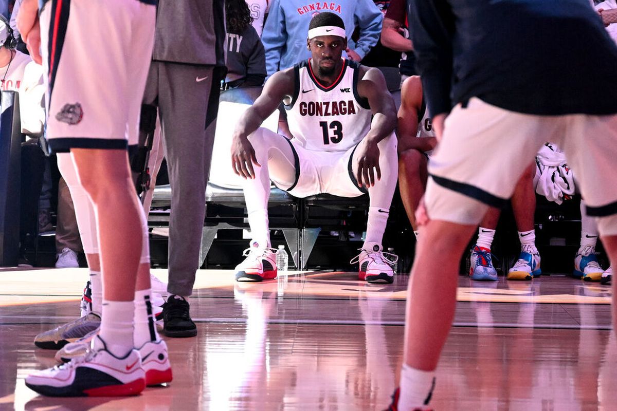 Gonzaga forward Graham Ike waits to take the floor to face the Connecticut Huskies during the first half of a nonconference game on Dec. 15 at Climate Pledge Arena in Seattle.  (Tyler Tjomsland / The Spokesman-Review)