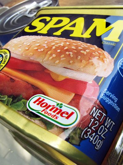 In this Aug. 20, 2009 file photo, a can of Spam is shown on a counter in North Andover, Mass. (Elise Amendola / Associated Press)