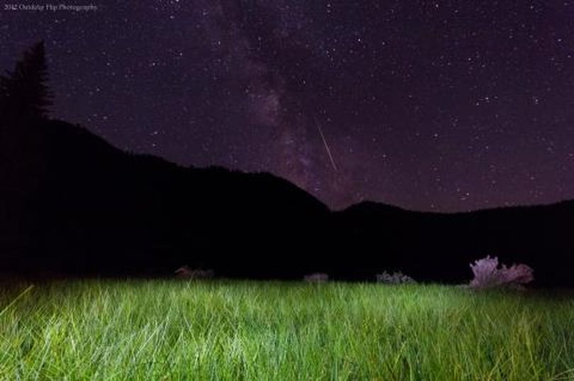 Photographer Blake Sommers captures a moment in the night sky during the Aug 11-12, 2012, Perseid Meteor Showers from his camp at Revett Lake on the Montana-Idaho border. (Blake Sommers / Outdoor Flip Photography)