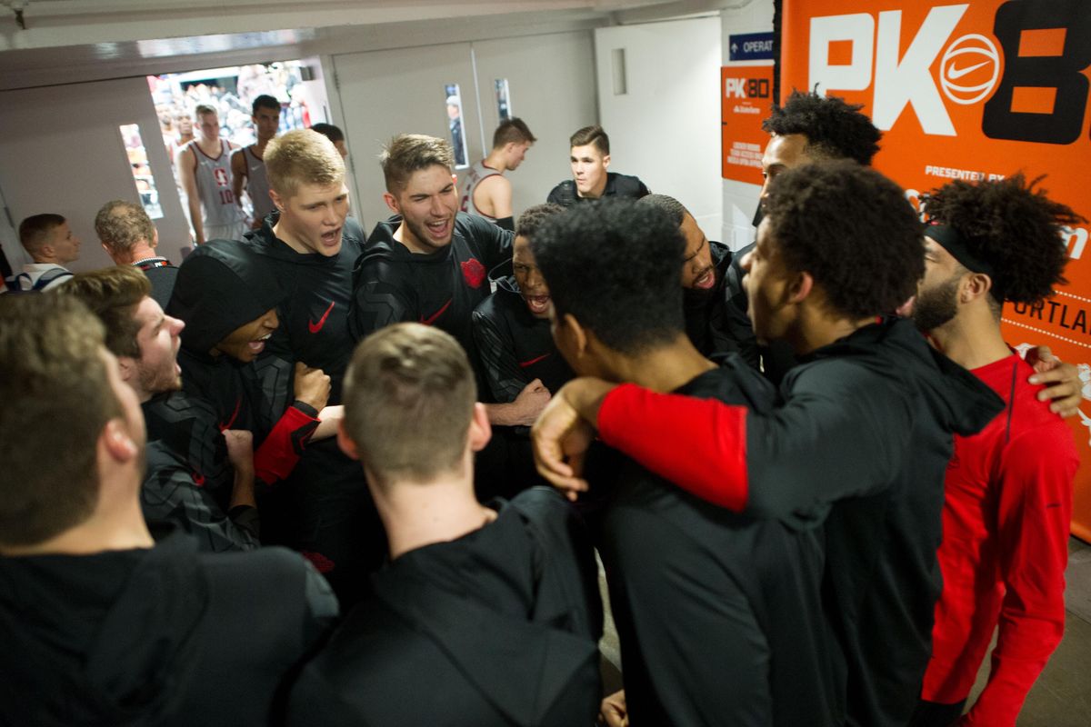 Gonzaga gets amped up before taking the court to face Ohio State in the first round of the PK-80 basketball tournament on Thursday, November 23, 2017, at Veterans Memorial Coliseum in Portland, Oregon. (Tyler Tjomsland / The Spokesman-Review)