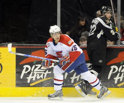 Brady Calla has six goals and six assists in his 13 games with the Chiefs since being traded by Kamloops to Spokane last month. (Jesse Tinsley / The Spokesman-Review)