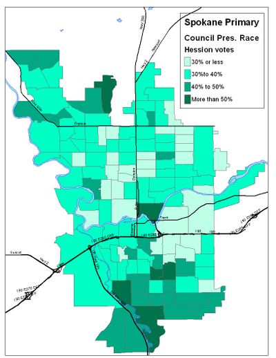 Vote totals for Dennis Hession in the Spokane Council President primary from ballot count on Aug. 18.  (Jim Camden)