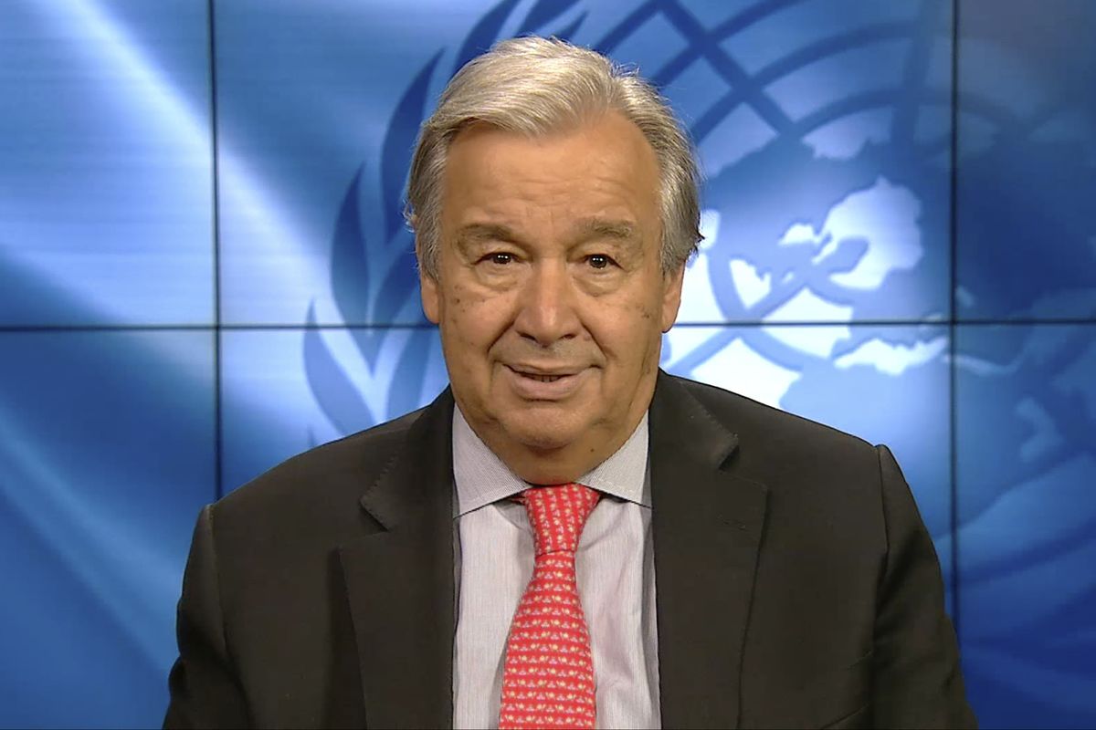 In this photo taken from a pre-recorded video streamed online and provided by Ministry of Environment Government of Japan, U.N. Secretary General Antonio Guterres speaks during the Online Platform Ministerial Meeting Thursday, Sept. 3, 2020. The UN chief is urging Japan and other wealthy nations to give up reliance on coal and other fossil fuels and commit to investments in green energy as they recover from the coronavirus pandemic. (HOGP)