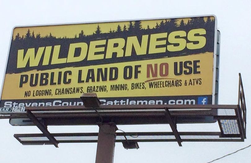 Anti-wilderness billboard on US 395 at Arden, Washington, sponsored by the Stevens County Cattlemen's Association. 