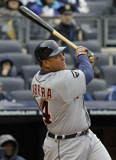 Detroit’s Miguel Cabrera hit two homers, avoiding series sweep against Yankees. (Associated Press)