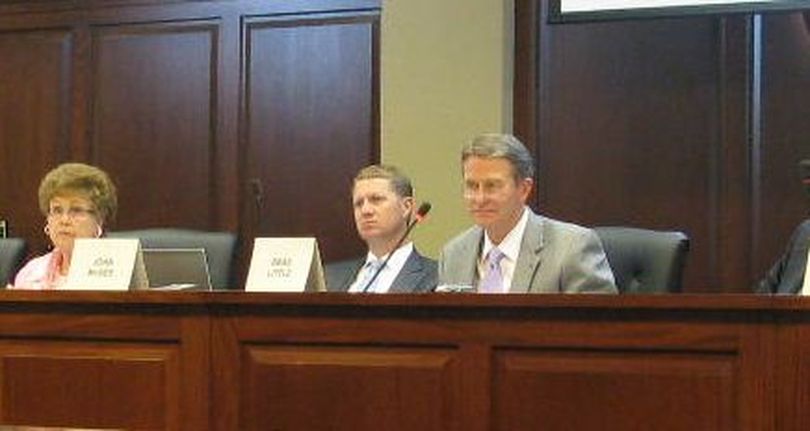 Idaho Lt. Gov. Brad Little, right, presides over the governor's transportation funding task force on Tuesday. At left is House Transportation Chairwoman JoAn Wood, R-Rigby; at center is Senate Transportation Chairman John McGee, R-Caldwell. (Betsy Russell)