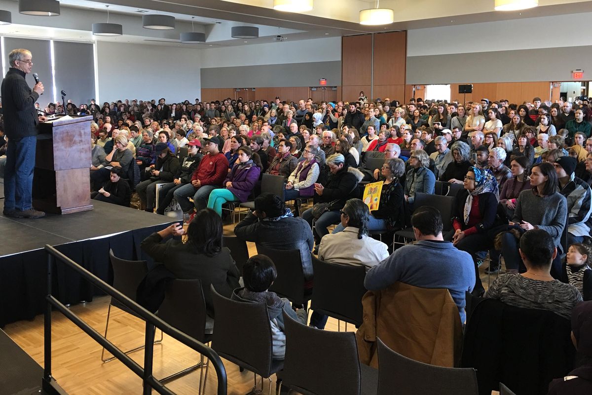 A standing-room-only crowd attends the Rally With Refugees, a program put on by World Relief and other groups concerned with refugee issues Sunday, Feb. 12, 2017 at Gonzaga University in Spokane. (Jesse Tinsley / The Spokesman-Review)