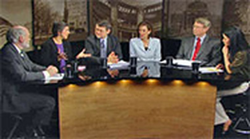 On the Idaho Reports program on Idaho Public TV, a panel including, from left, BSU political scientist Jim Weatherby, Spokesman-Review reporter Betsy Z. Russell, Idaho chief economist Mike Ferguson, Idaho Senate Minority Leader Kate Kelly, Idaho House Speaker Lawerence Denney, and host Thanh Tan discuss the events of the 8th week of this year's Idaho legislative session (Betsy Russell / The Spokesman-Review)