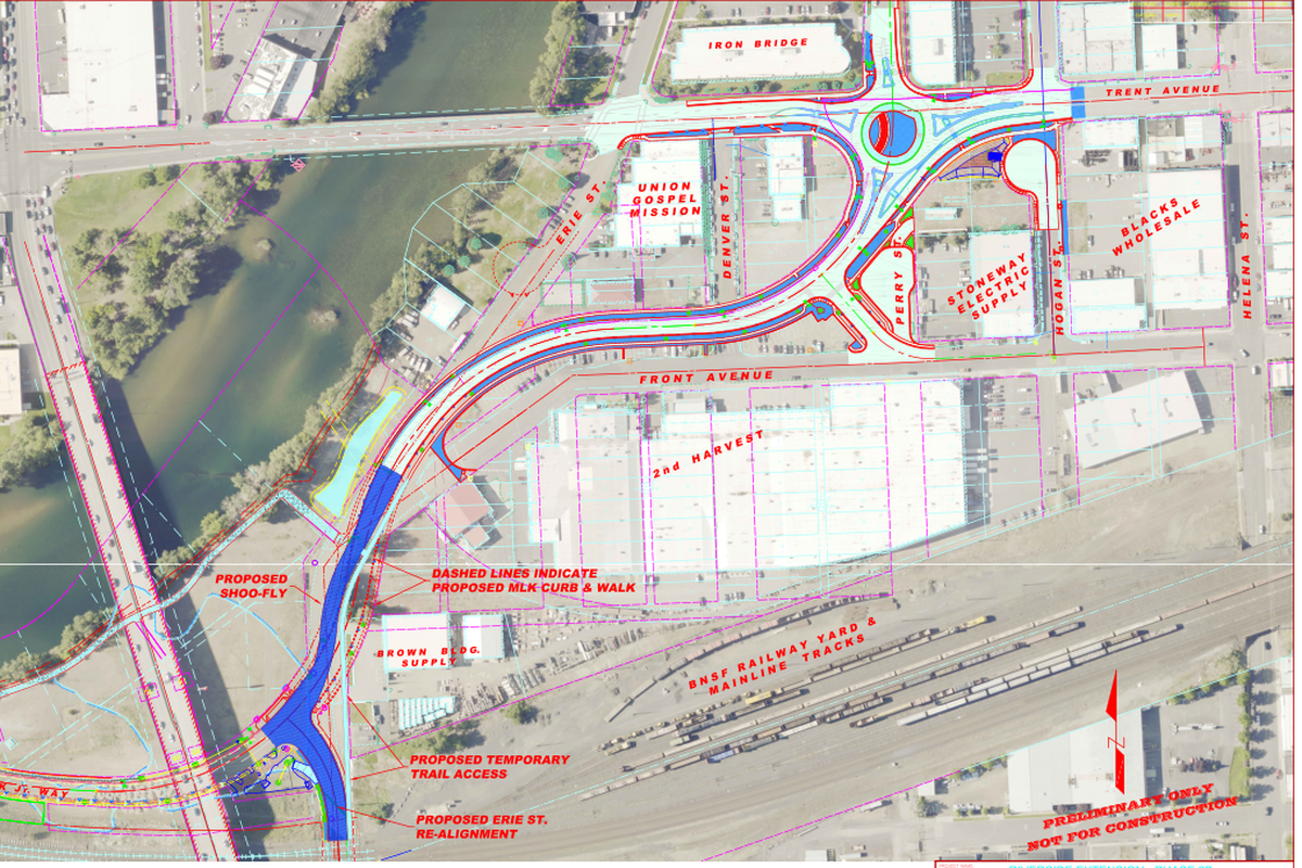 An rendering showing the city’s “proposed shoo-fly” alternate route for the final extension of the Martin Luther King Jr. Way. It is colored dark blue. (Courtesy City of Spokane)