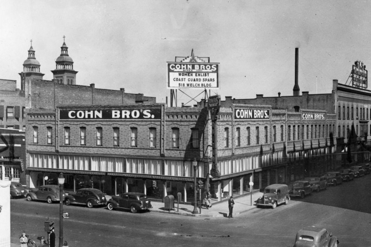 1945 - The Cohn Bros. Furniture building, built in 1905, was sold after the business shut down in 1960, a few years after Harry Cohn, the last brother/partner died in 1952. At the corner of Sprague and Monroe, the building was intended for redevelopment, but served only as a parking lot until the Cowles Company built its production facility there around 1980. (SPOKESMAN-REVIEW PHOTO ARCHIVE / SR)