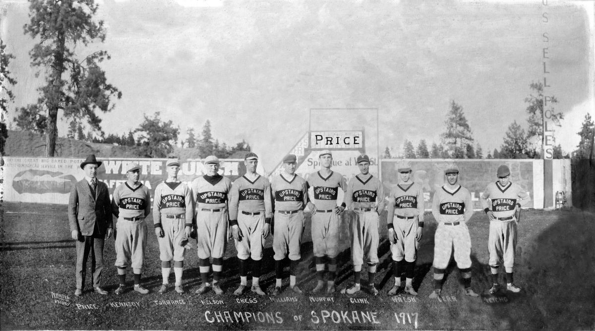 Bob Cress, fifth from the left, poses with members of the Upstairs Price team that won the 1917 Spokane City League championship. Sponsor W.B. “Bert” Price and player-manager Jay Kennedy are on the left followed by Roscoe “Torchy” Torrance, future Seattle baseball executive and prominent University of Washington booster. Spokane Indians manager Nick Williams, future Idaho state senator Art Murphy and standout pitcher George Clink are to the right of Cress. Williams signed on after the Northwestern League folded in mid-July. (Juanita McBride / Courtesy)