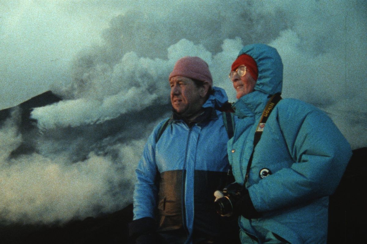Husband-and-wife volcanologists Maurice and Katia Krafft in a scene from “Fire of Love.”  (Image