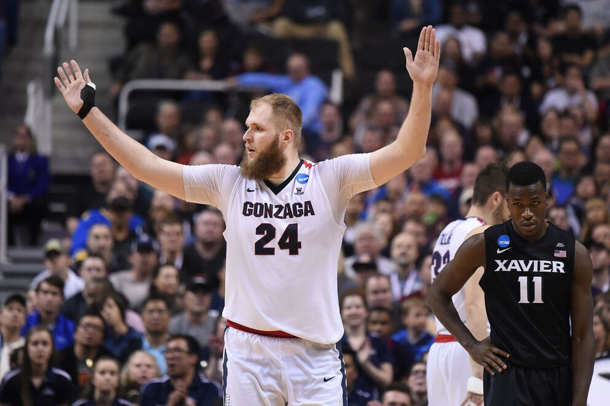 Gonzaga center Przemek Karnowski (24) raises his arms after the Xavier bench received a technical foul on the bench during the first half an NCAA Elite Eight game, Sat., March 25, 2017, in San Jose.   (Colin Mulvany / The Spokesman-Review)