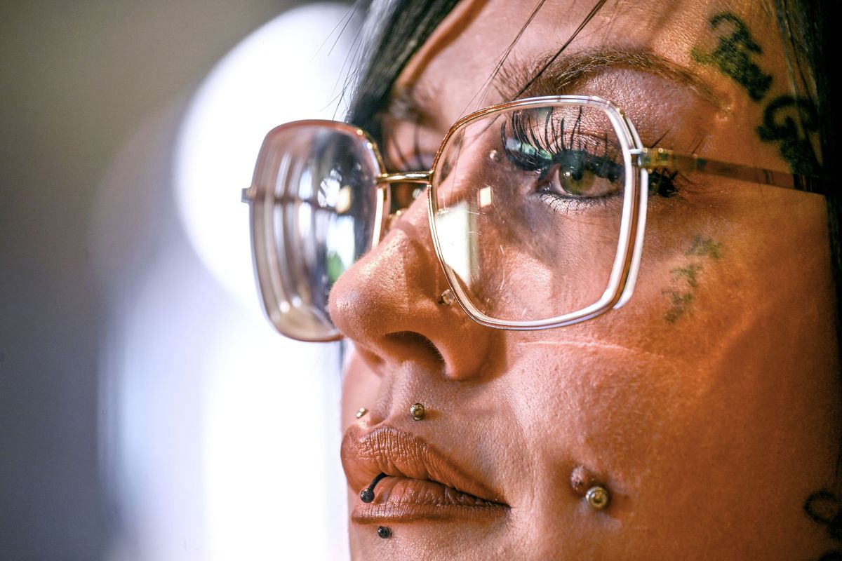 Shasta Groene McClain is interviewed Aug. 8 before a book signing at the Well-Read Moose in Coeur d’Alene for Gregg Olsen’s “Out of the Woods,” detailing the 2005 Groene family murders and Shasta’s kidnapping and sexual assault.  (Kathy Plonka/The Spokesman-Review)