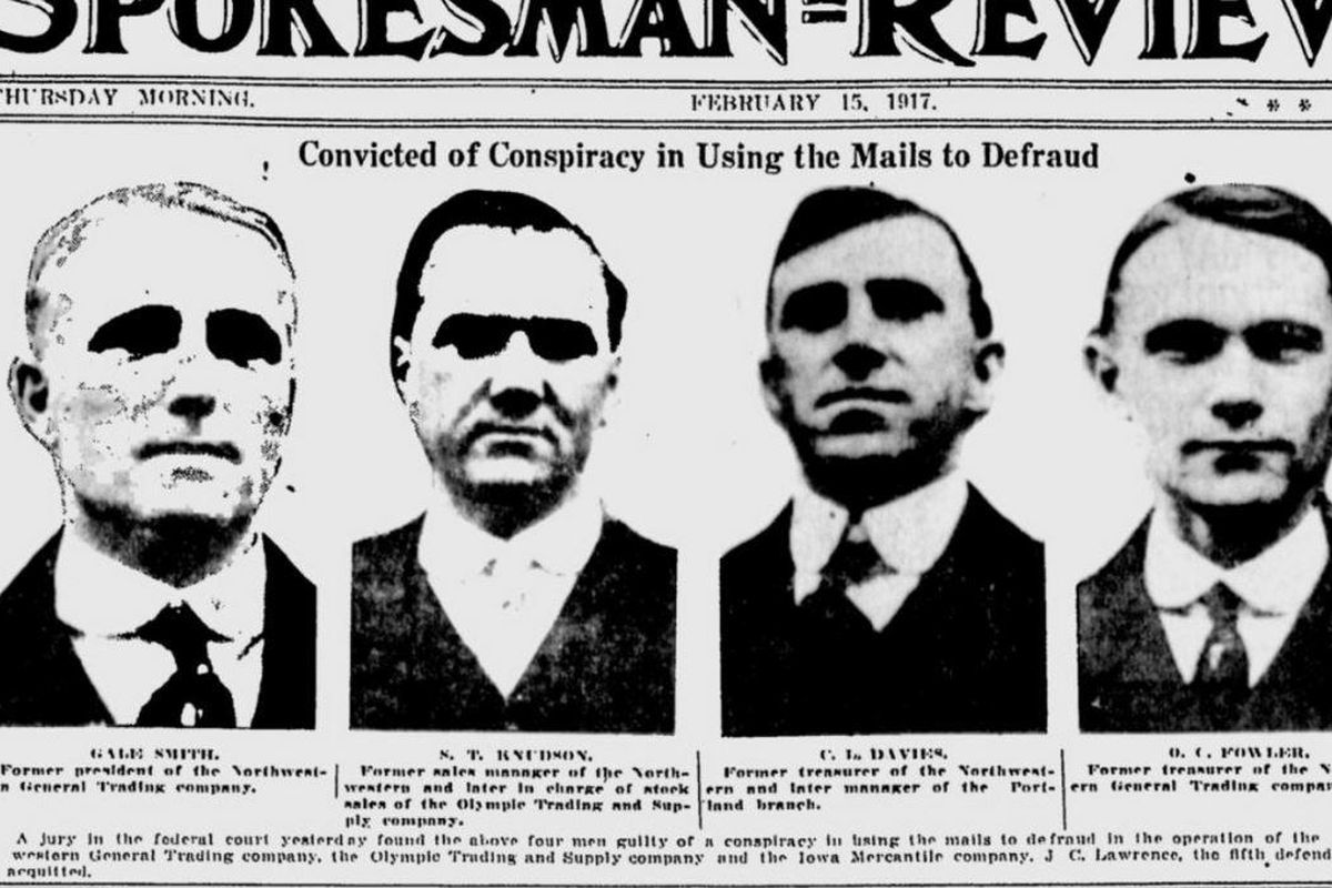 Gale Smith, S.T. Knudson, Clyde L. Davies and Olin C. Fowler, were found guilty of “fraudulant use of the mails,” The Spokesman-Review reported on Feb. 15, 1917. A fifth man, John D. Cawrence, was found not guilty. (Spokesman-Review archives)