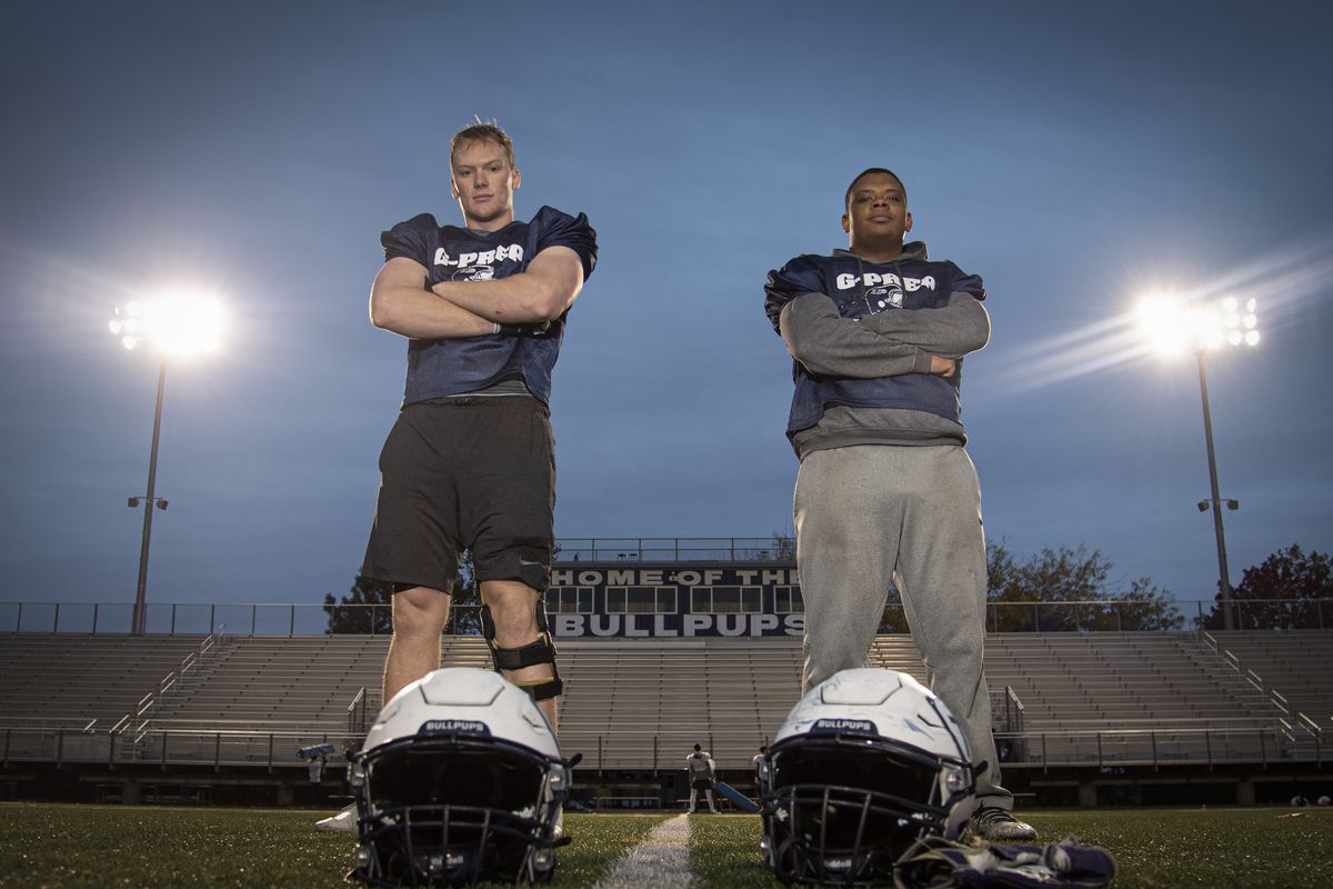Kaz Melzer, left, and Ephraim Watkins, right, are key position players on the Gonzaga Prep defense, shown Wednesday, Oct. 27, 2021. The two are looking forward to matching up with the Mt. Spokane Wildcats this week.  (Jesse Tinsley/THE SPOKESMAN-REVI)