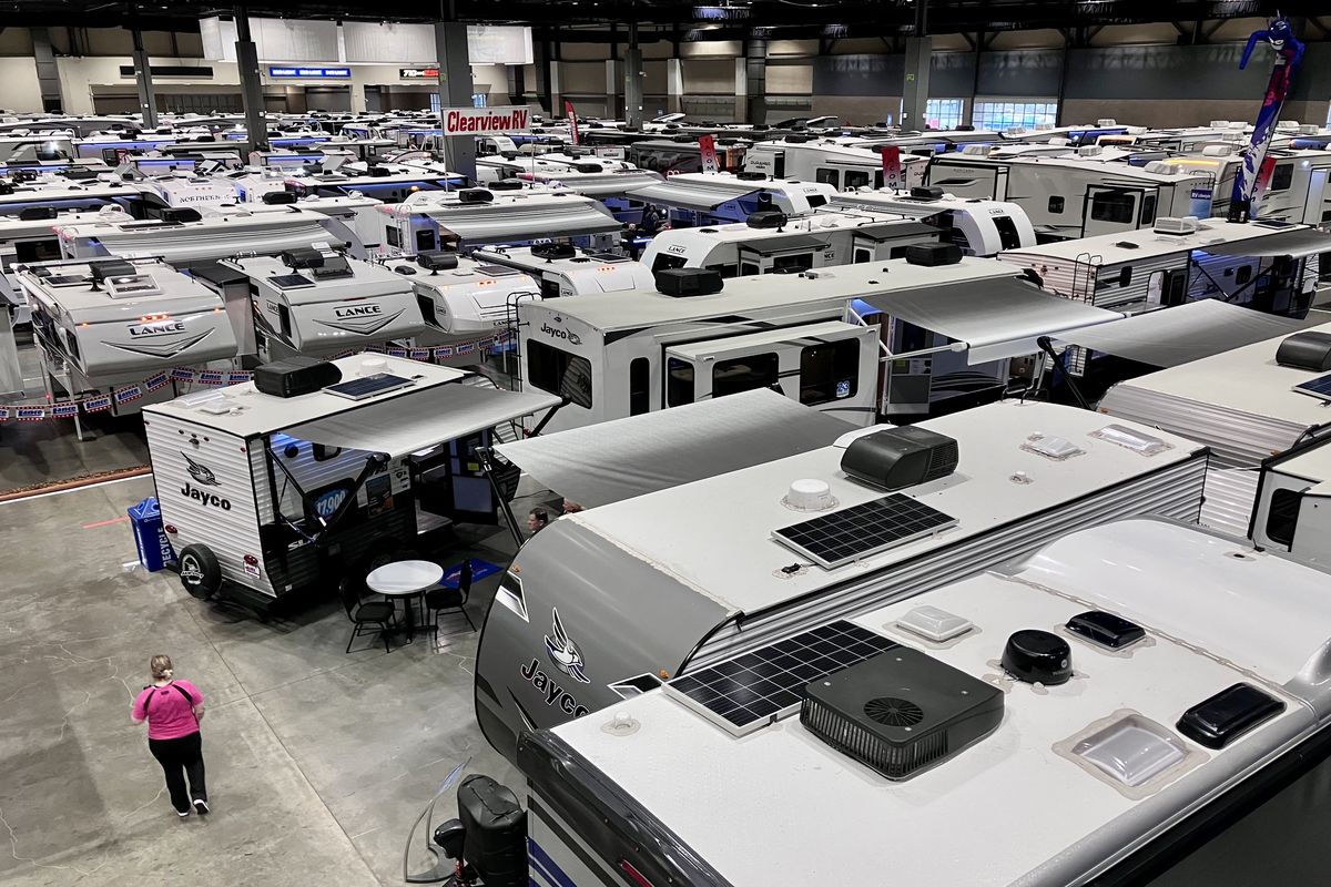 The event space at Lumen Field is crammed with rigs for the Seattle RV Show. (John Nelson)