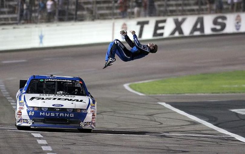 Carl Edwards performs his customary backflip after winning the NASCAR Nationwide Series 15th Annual O'Reilly Auto Parts 300 at Texas Motor Speedway in Fort Worth, Texas. (Credit: Jonathan Ferrey/Getty Images for NASCAR) (Jonathan Ferrey / Getty Images North America)