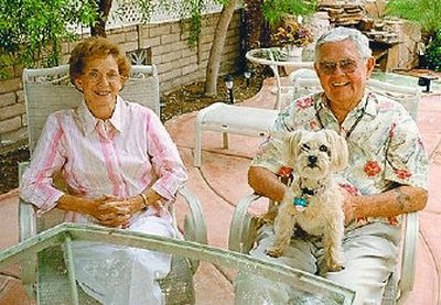 
RV Life on Wheels founder Gaylord Maxwell, his wife, Margie, and their dog, Suzie, relax on the patio of their park model trailer in Yuma, Ariz. 
 (Courtesy of Stephen Chalmers / The Spokesman-Review)