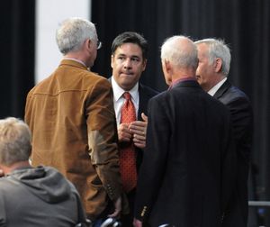 U.S. Rep. Raul Labrador listens to the parliamentarians as they try to resolve a motion on the floor during the last day of the Idaho Republican Convention on Saturday, June 14, 2014, in Moscow, Idaho. (Kyle Miles / Lewiston Tribune via Associated Press)