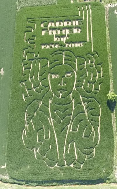 This July 12, 2017 photo provided by Jeremy Goebel shows a corn maze with trails outlining the face of 