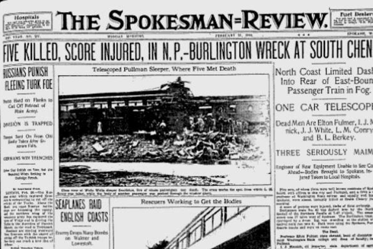 The Spokesman-Review’s top story on Feb. 21, 2016, was on a train crash that killed five near Cheney. (The Spokesman-Review)