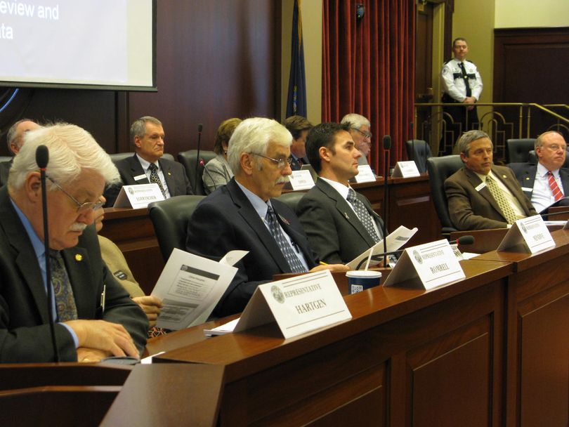 Idaho lawmakers, including Rep. Ron Mendive, R-Coeur d'Alene, second from left, debate state employee raises on Friday afternoon (Betsy Russell)