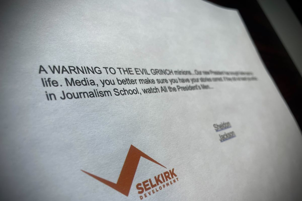 An email business leader and developer Sheldon Jackson sent to his 400+ group on Dec. 18, 2024, as a "warning" to people he calls "evil Grinch minions."  (Alexandra Duggan / The Spokesman-Review)
