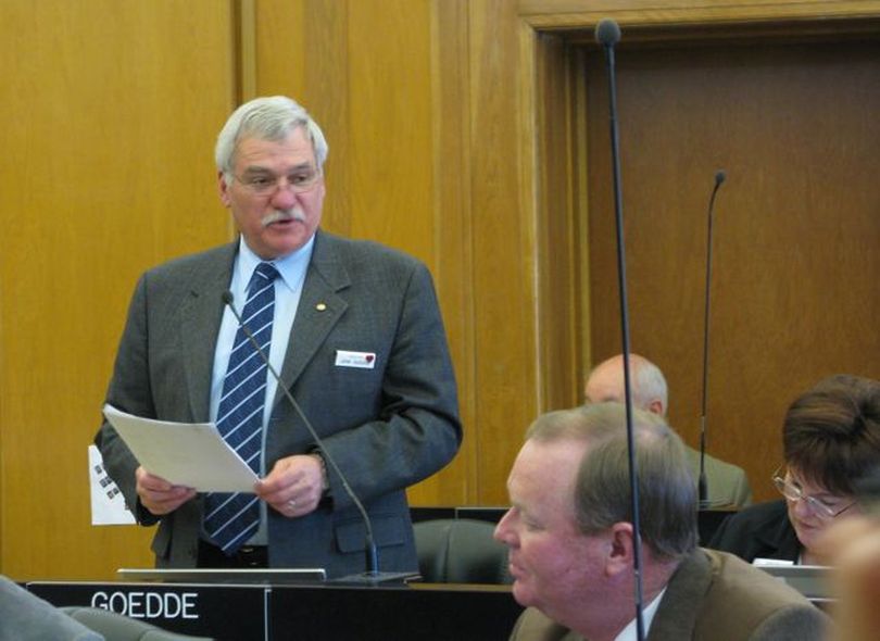 Sen. John Goedde, R-Coeur d'Alene, presents a resolution in the Senate on Friday honoring North Idaho College on its 75th anniversary. (Betsy Russell / The Spokesman-Review)
