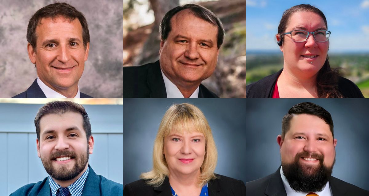 The candidates for the 4th Legislative District Senate seat from left to right, top to bottom, are Mike Kelly, Leonard Christian, Paige Scott, Miguel Valencia, Pam Haley and Al Merkel.  ((Courtesy))