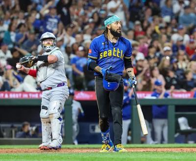 Mariners’ J.P. Crawford strikes out to end the eighth inning against the Blue Jays on Friday at T-Mobile Park in Seattle.  (Dean Rutz/Seattle Times)