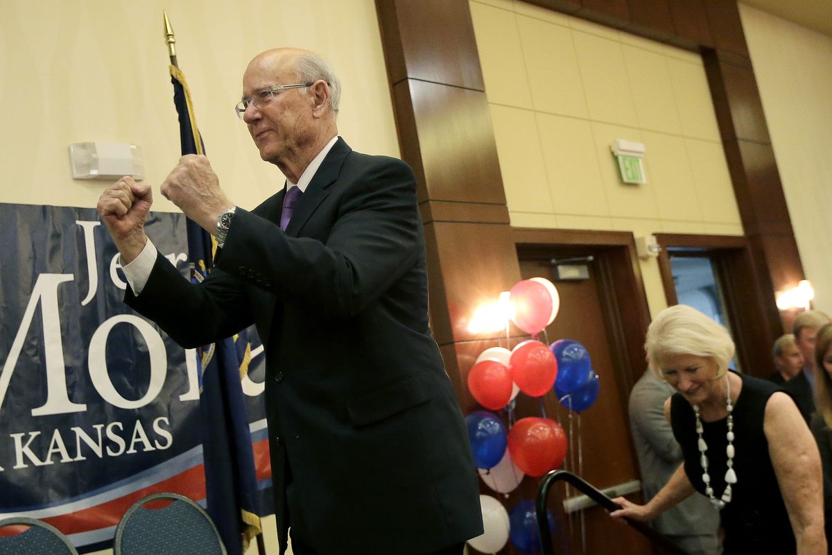 U.S. Sen. Pat Roberts takes the stage to make his victory speech at a Johnson County Republican’s election watch party on Tuesday in Overland Park, Kan. Roberts defeated tea party-backed challenger Milton Wolf. (Associated Press)