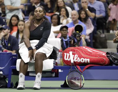 Serena Williams takes a break during a changeover against Naomi Osaka, of Japan, during the women’s final of the U.S. Open tennis tournament, Saturday, Sept. 8, 2018, in New York. (Julio Cortez / Associated Press)