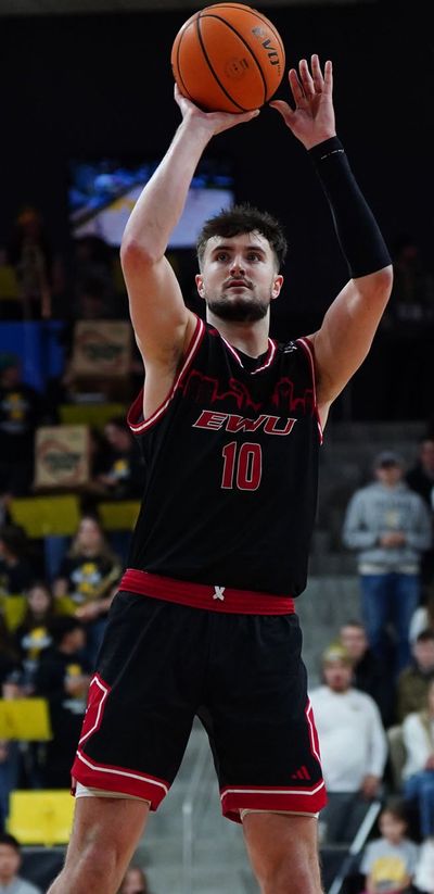 Eastern Washington forward Ethan Price shoots against the Idaho Vandals on Saturday at ICCU Arena in Moscow, Idaho. EWU topped the Vandals 79-58  (Courtesy of EWU Athletics)