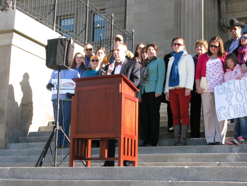 Democratic candidate for governor of Idaho A.J. Balukoff speaks on the state Capitol steps on Thursday (Betsy Russell)