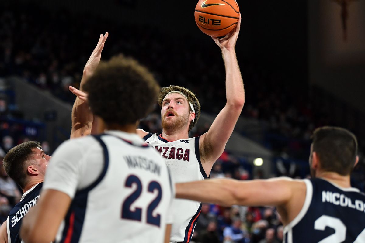 Gonzaga’s Drew Timme scored 11 points in 20 minutes against Dixie State in Tuesday’s win at McCarthey Athletic Center.  (Tyler Tjomsland/The Spokesman-Review)