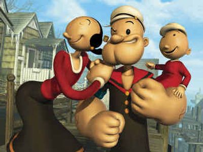 
In this undated publicity photo from Fox Broadcasting, cartoon hero Popeye and his family, Olive Oyl, left, and Swee'pea appear in the animated special 