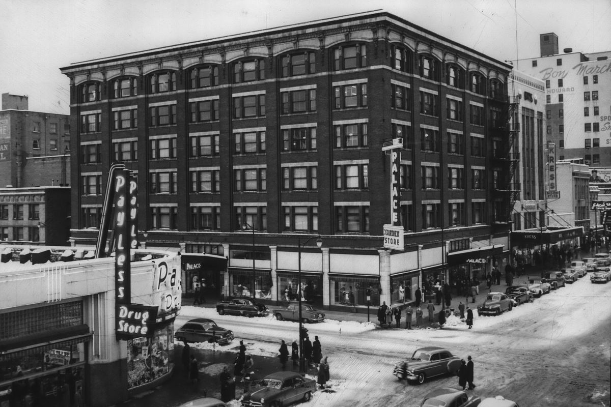 1951: At Main Avenue and Post Street, the Palace Department Store which had been founded in 1890 and in this building since 1909, was sold to the Bon Marche store’s Allied Stores chain a few years earlier. The venerable Palace closed in 1952. The building became a JCPenney in 1953, then it was remodeled into a Nordstrom store after 1972. The structure of the old Palace was torn down in 1999 as part of the River Park Square redevelopment.  (Spokesman-Review Photo Archives)