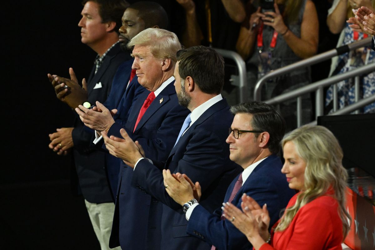 Tucker Carlson, far left, was seated near former president Donald Trump on the first day of the RNC convention on Monday in Milwaukee. MUST CREDIT: Ricky Carioti/The Washington Post  (Ricky Carioti/The Washington Post)