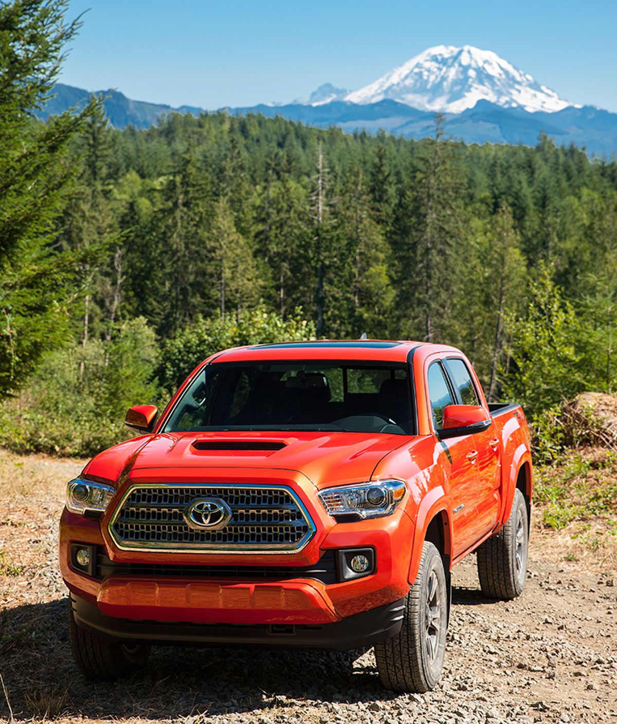 Toyota wanted to impress the media with the off-road abilities of the 2016 Tacoma pickup, so it built a mountainside test track just outside Snoqualmie. Mt. Rainier looms in the background. (Toyota)