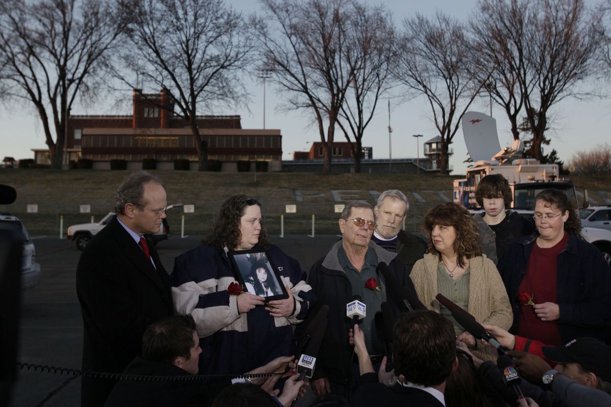 Family and friends of Holly Washa gather outside the Washington State Penitentiary in Walla Walla in March 2009 after the state Supreme Court stayed the execution of Cal Coburn Brown, who killed Washa in 1991.  (Associated Press)