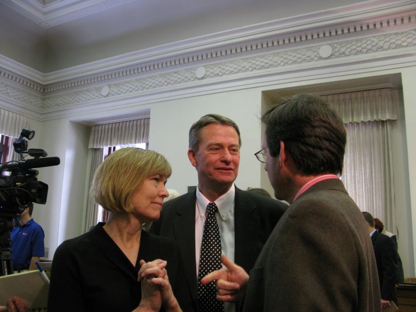 Idaho Lt. Gov. Brad Little, center, with wife Teresa, left, talk to political reporter Dan Popkey, right, after Little's appointment to the No. 2 state job, 1/6/08. (Betsy Russell / The Spokesman-Review)
