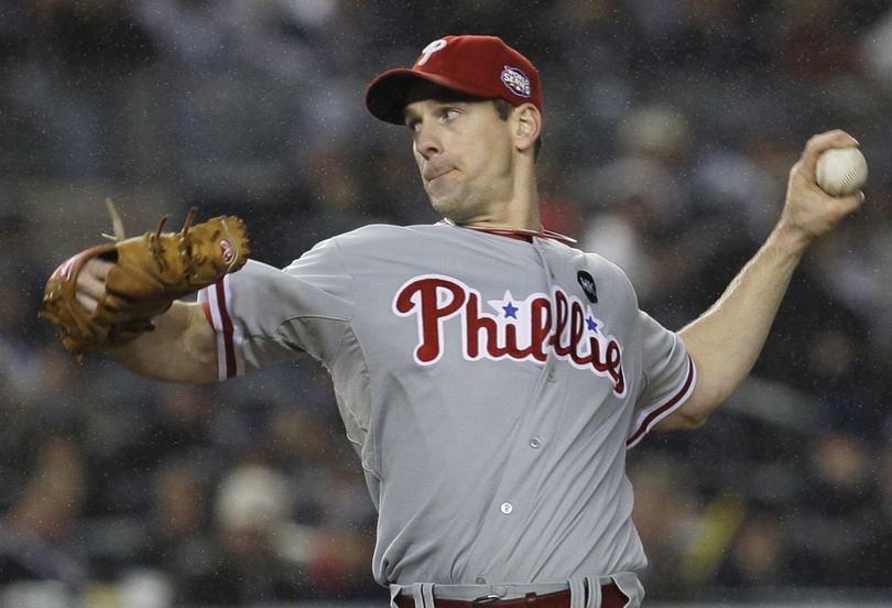 Philadelphia Phillies' Cliff Lee pitches to the New York Yankees during the fifth inning of Game 1 of the Major League Baseball World Series Wednesday, Oct. 28, 2009, in New York. (David Phillip / Associated Press)