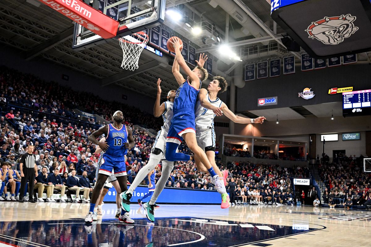 Gonzaga Bulldogs forward Ben Gregg (33) grabs a contested rebound against the San Diego Toreros during the second half of a college basketball game on Saturday, Jan. 6, 2024, at McCarthy Athletic Center in Spokane, Wash.  (Tyler Tjomsland/The Spokesman-Review)