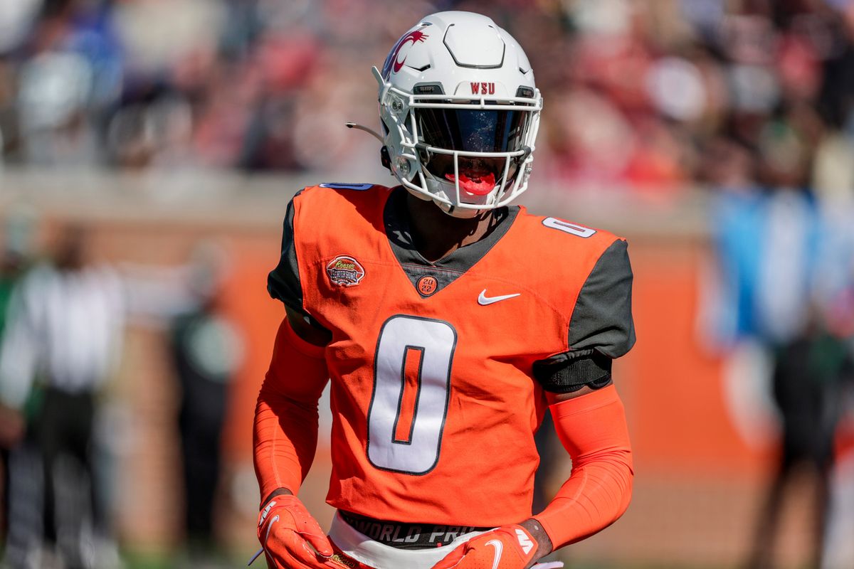 National Team cornerback Jaylen Watson of Washington State prepares for a play during the Senior Bowl on Saturday in Mobile, Alabama.  (Associated Press)